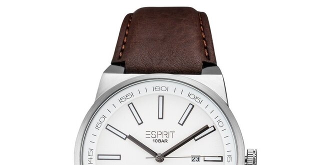 Pánské stříbrné hodinky s hnědým řemínkem Esprit