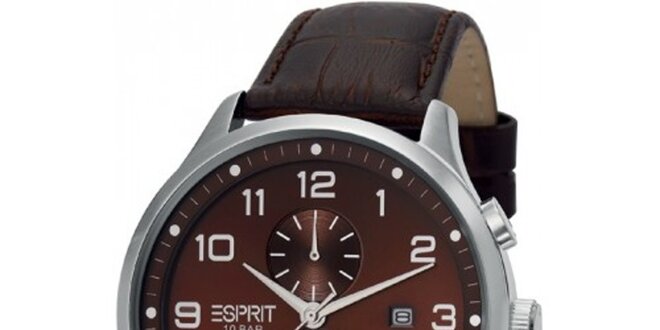Pánské stříbrné hodinky Esprit s chronografem a hnědým ciferníkem
