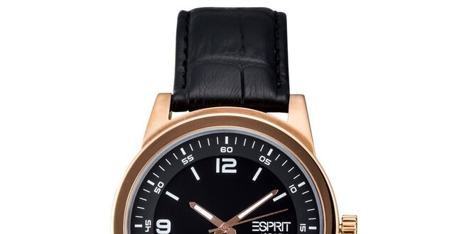 Pánské zlaté ocelové hodinky s koženým řemínkem Esprit