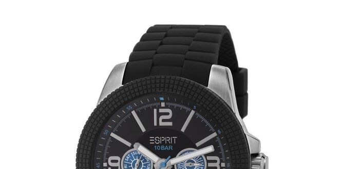 Pánské černé analogové hodinky s modrým detailem Esprit