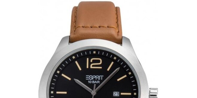 Pánské hodinky s černým ciferníkem a hnědým řemínkem Esprit