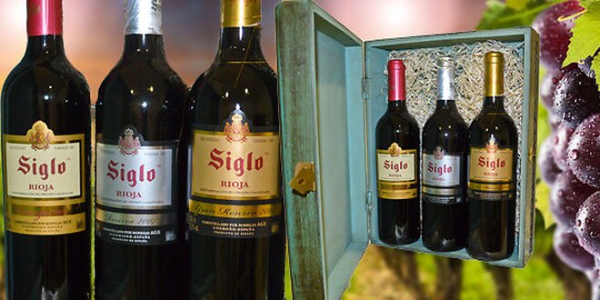 Kolekce tří španělských červených vín v dárkové ručně vyřezávané dřevěné krabici