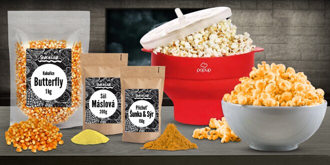 Prémiový GMO free popcorn, příchutě i výrobník