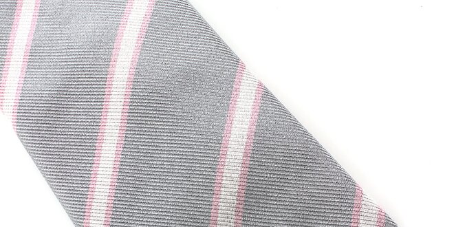 Pánská šedá kravata s růžovým proužkem Pietro Filipi