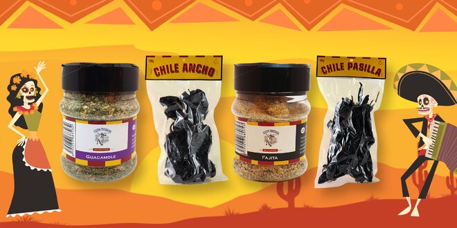 Sušené a drcené chilli, sůl i směsi koření z Mexika