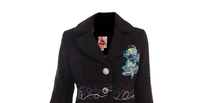 Dámský černý kabát s barevnými výšivkami DY Dislay Design