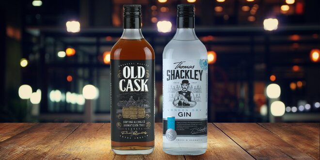 500 ml whisky Old Cask či ginu Thomas Shackley