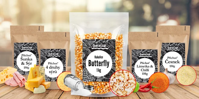 GMO free popcorn, slané příchutě i máslová sůl