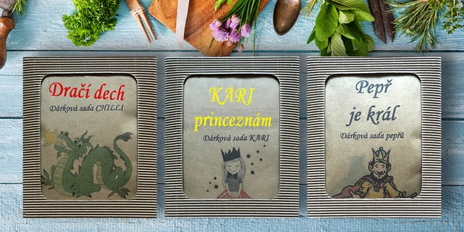 Sady koření s chilli, kari, solí i skořicí