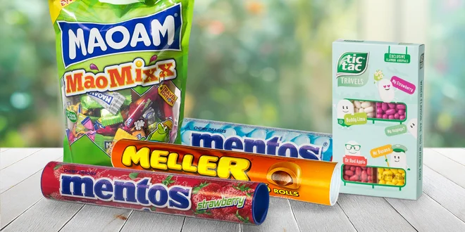 Extra velká balení bonbónů Mentos, Tic Tac a Maoam