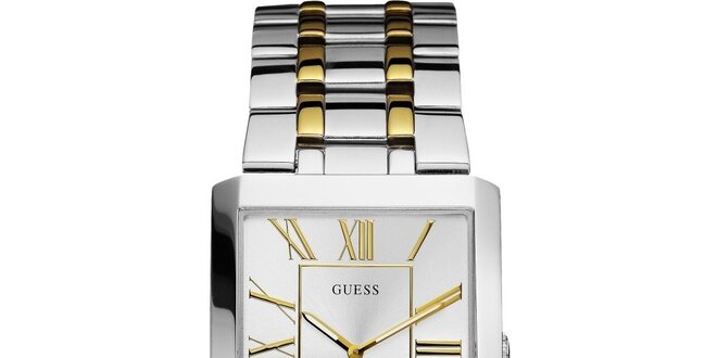 Pánské stříbrno-zlaté hodinky s hranatým ciferníkem Guess