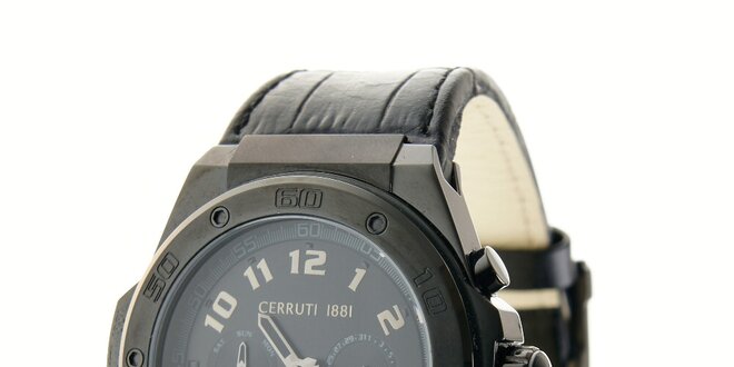 Pánské černé ocelové hodinky Cerruti 1881 s černým koženým páskem
