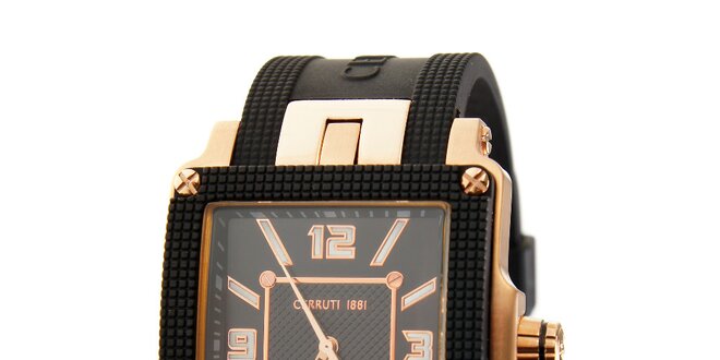 Pánské černé hodinky Cerruti 1881 se zlatými detaily a pryžovým páskem