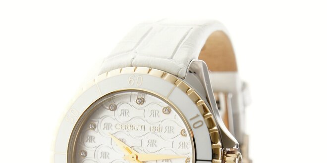 Dámské bílé hodinky Cerruti 1881 s bílým koženým páskem a krystaly