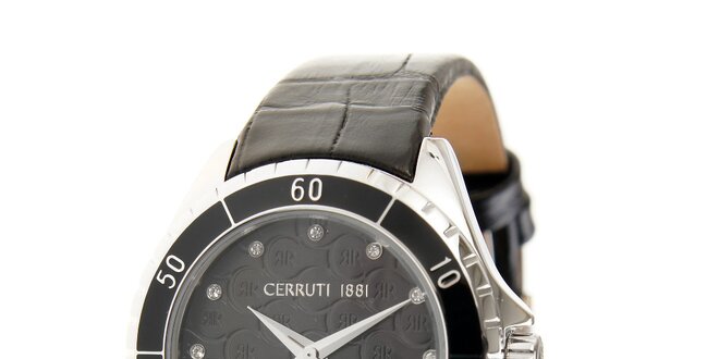 Dámské černé hodinky Cerruti 1881 s černým koženým páskem a krystaly