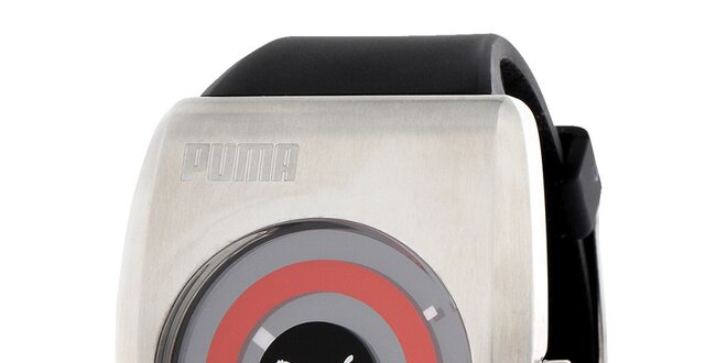 Pánské černo-stříbrné hodinky s červeným detailem Puma