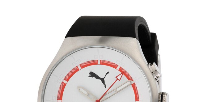 Pánské stříbrné hodinky s červeným proužkem a chronografem Puma