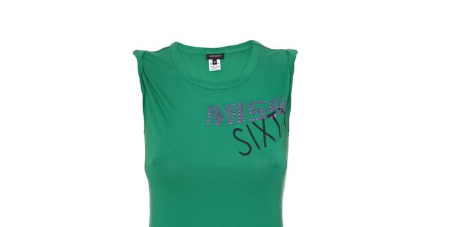 Zelené tričko bez ramínek s černofialovým nápisem