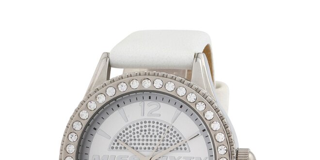 Dámské bílé analogové hodinky Miss Sixty s kamínky a koženým řemínkem