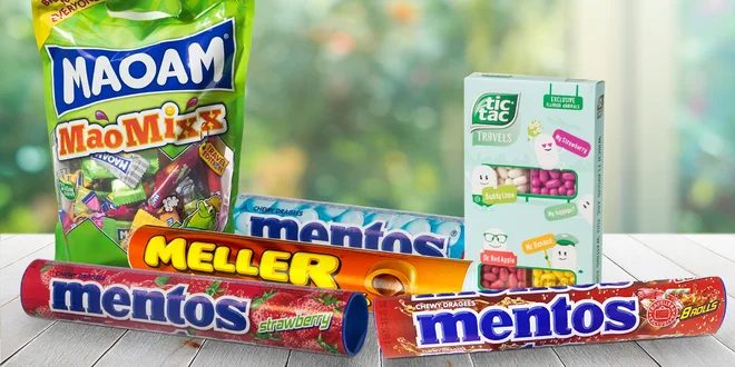 Extra velká balení bonbónů Mentos, Tic Tac a Maoam