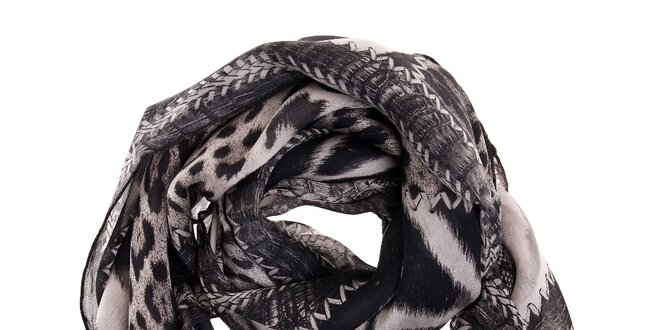 Dámský černo-stříbrný hedvábný šátek Roberto Cavalli se zvířecím vzorem
