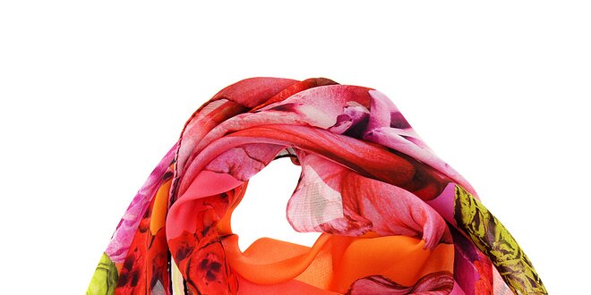 Dámský růžový hedvábný šátek Roberto Cavalli s tropickými květy