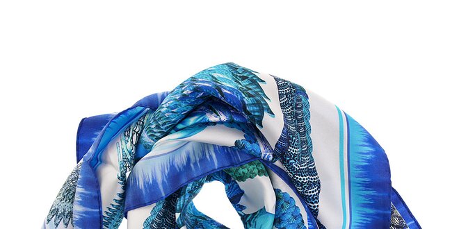 Dámský azurově modrý hedvábný šátek Roberto Cavalli s potiskem