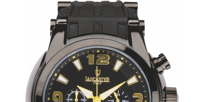 Pánské černé hodinky se žluto-zlatými detaily a chronografem Lancaster
