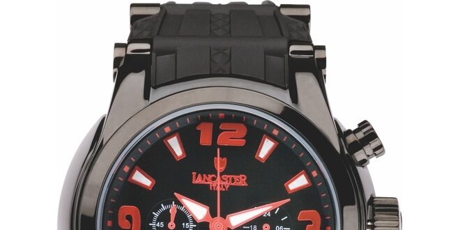 Pánské černé hodinky s červenými detaily a chronografem Lancaster