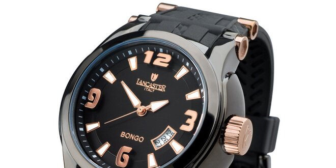 Pánské černé analogové hodinky s  růžovo-zlatými detaily Lancaster