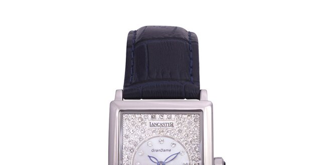 Dámské stříbrné ocelové hodinky Lancaster s krystaly a modrými ručičkami