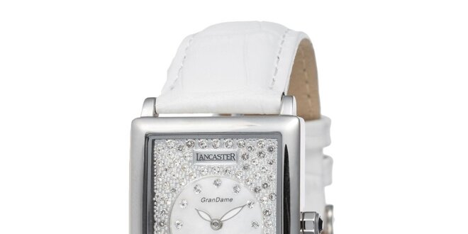 Dámské stříbrné ocelové hodinky Lancaster s krystaly a bílým řemínkem