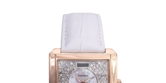 Dámské luxusní pozlacené hodinky s bílým koženým páskem Lancaster