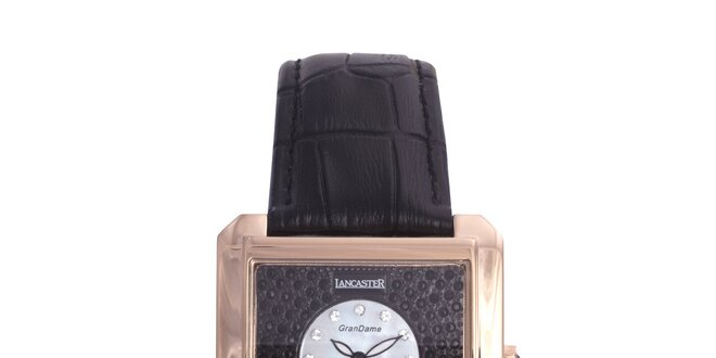 Dámské luxusní pozlacené hodinky s černým koženým páskem Lancaster