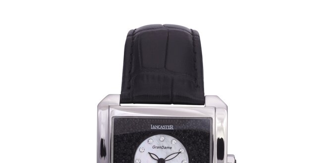 Dámské stříbrné ocelové hodinky s černým koženým páskem Lancaster