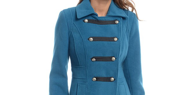 Dámský tyrkysově modrý kabát s vojenským zapínáním Estella