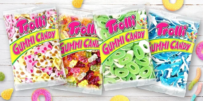 Trolli želatinové bonbony: kyselé kroužky i medvídci
