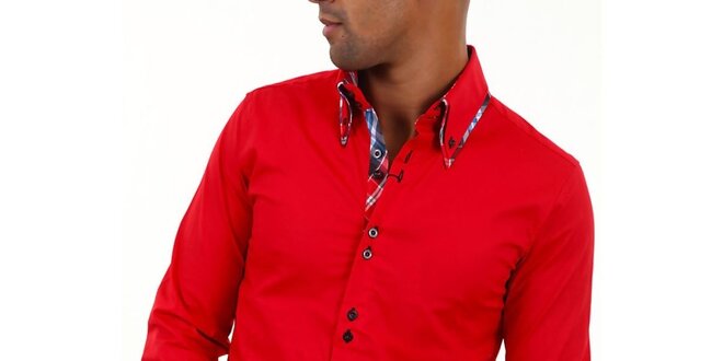 Pánská červená košile s límečkem a modro-bílo-červenou kostkou Carisma