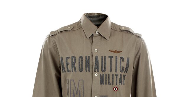 Pánská šedobéžová košile s leteckými nášivkami Aeronautica Militare