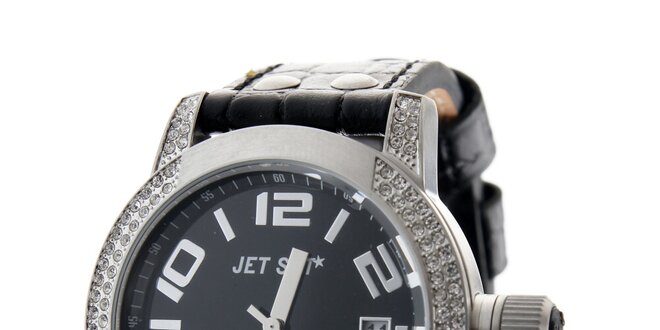 Dámské ocelové hodinky Jet Set s černým koženým řemínkem a kamínky