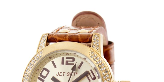 Dámské zlaté hodinky Jet Set s hnědým koženým řemínkem a kamínky