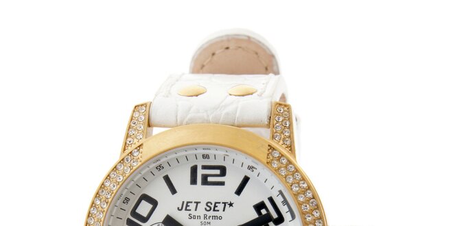 Dámské zlaté hodinky Jet Set s bílým koženým řemínkem a kamínky