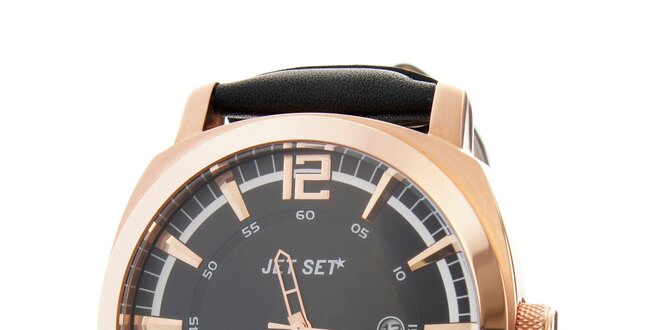 Pánské zlaté hodinky Jet Set s černým koženým řemínkem