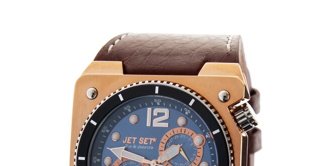 Pánské zlaté hodinky Jet Set s hnědým koženým řemínkem
