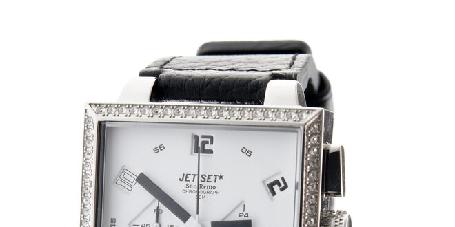 Dámské ocelové náramkové hodinky Jet Set s černým koženým řemínkem a bílým ciferníkem