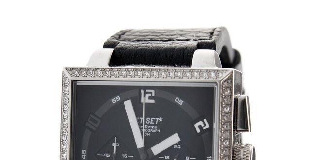 Dámské ocelové náramkové hodinky Jet Set s černým koženým řemínkem a černým ciferníkem