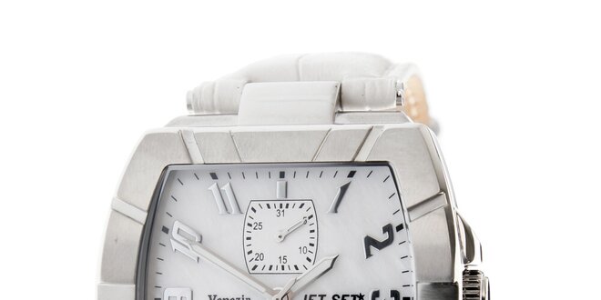 Dámské ocelové náramkové hodinky Jet Set s bílým koženým řemínkem