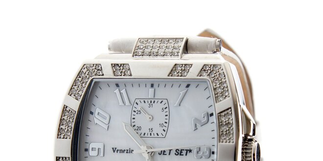 Dámské ocelové hodinky Jet Set s kamínky a bílým koženým řemínkem