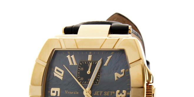 Dámské zlaté hodinky Jet Set s černým koženým řemínkem