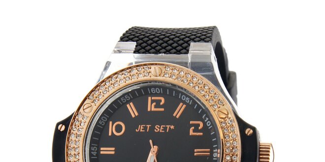 Dámské zlaté hodinky Jet Set s černým silikonovým páskem a kamínky